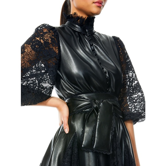 Alice + Olivia Mina Black Vegan Leather Lace Combo Mini Cocktail Dress - Picture 9 of 17